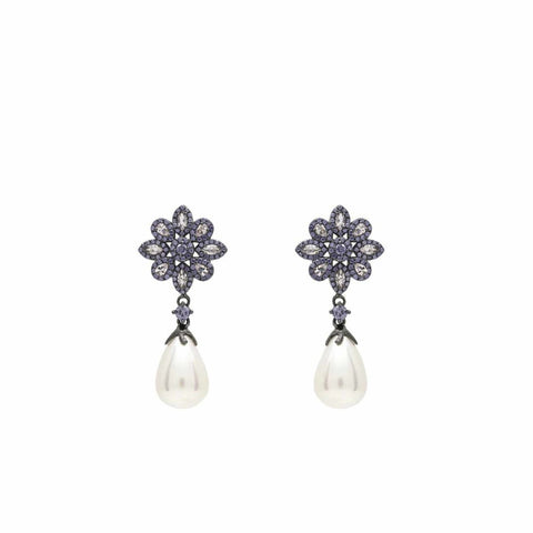 Pendiente · Pendientes perla colgante baño rutenio con motivo floral