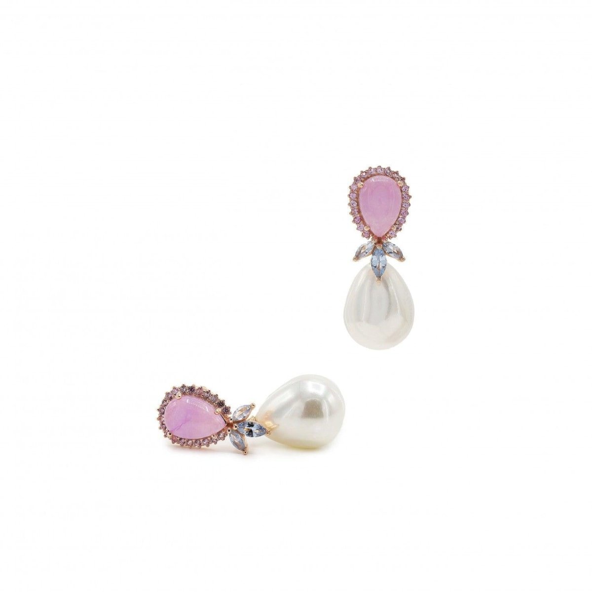 Pendiente · Pendientes perla colgante diseño gota rosa y pétalos lila
