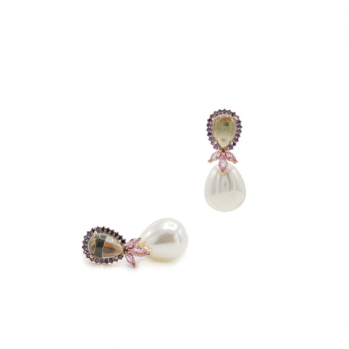 Pendiente · Pendientes perla colgante diseño gota verde y pétalos rosa