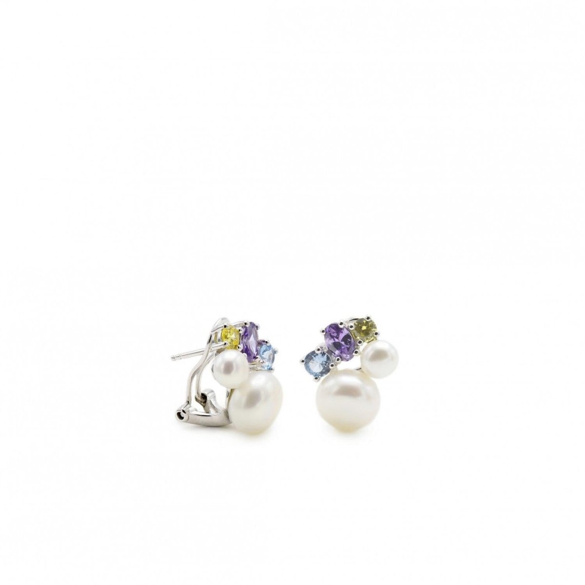 Pendiente · Pendientes perlas diseño doble perla y gemas multicolores