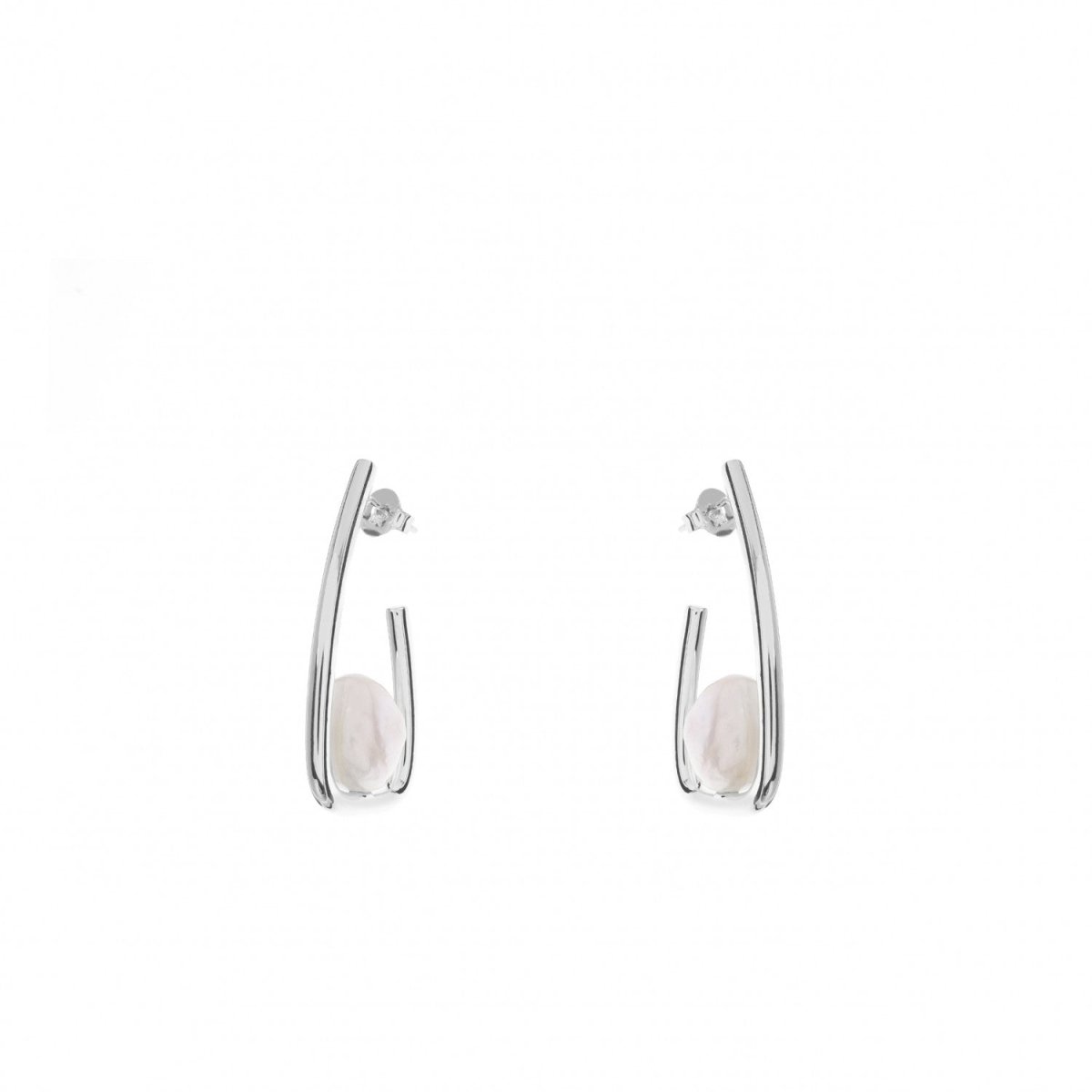 Pendientes perlas diseño geométrico detalle de perla y plata lisa - LINEARGENT
