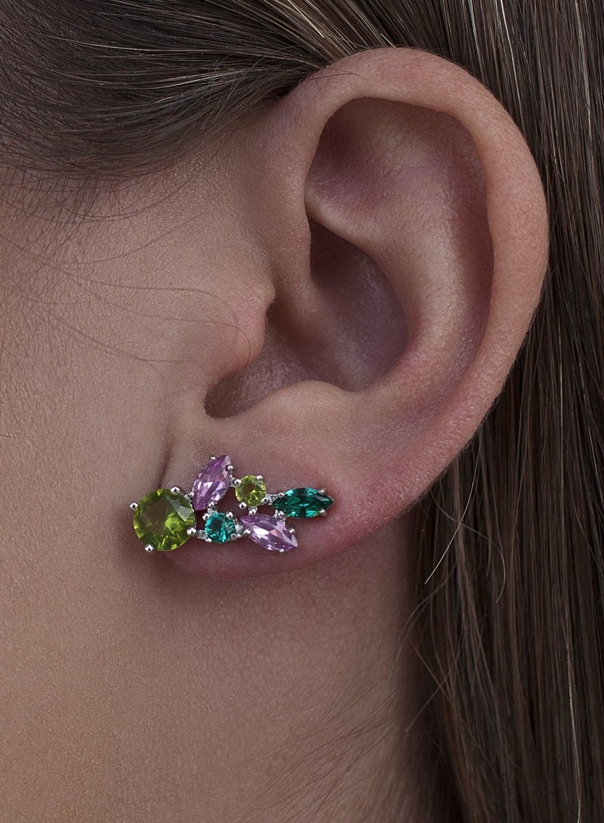 Earrings - Green leaf design silver climbing earrings