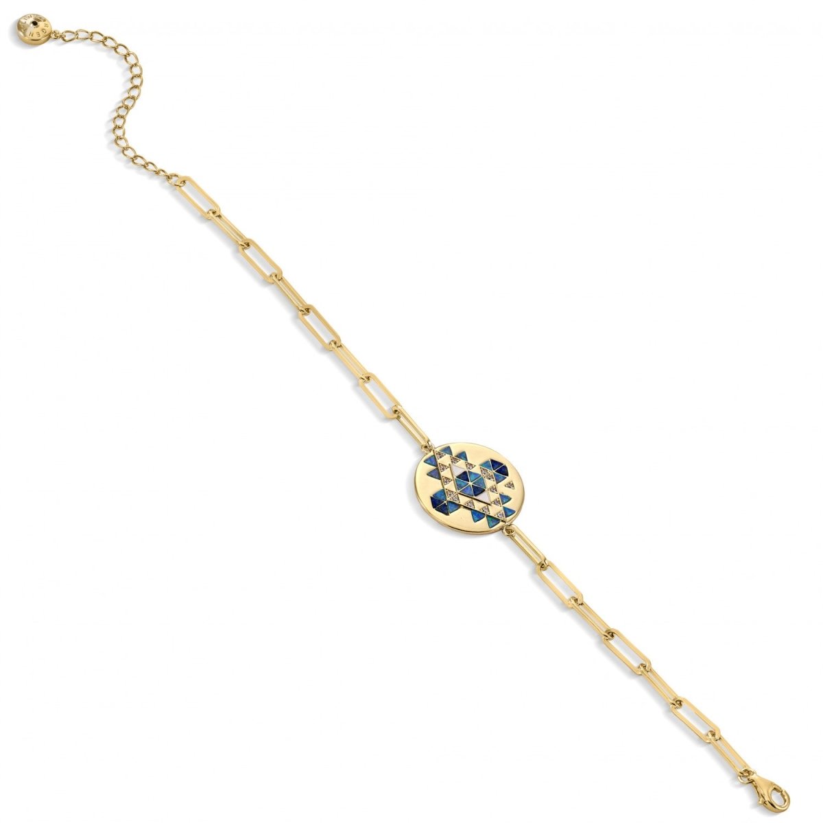 Bracelet - Silver link bracelet paperclip design round motif with white enamel lapis lazuli and zirconias