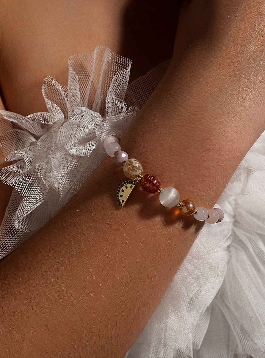 Pulseras de bolas de plata cuarzo rosa y charm de sandía - LINEARGENT