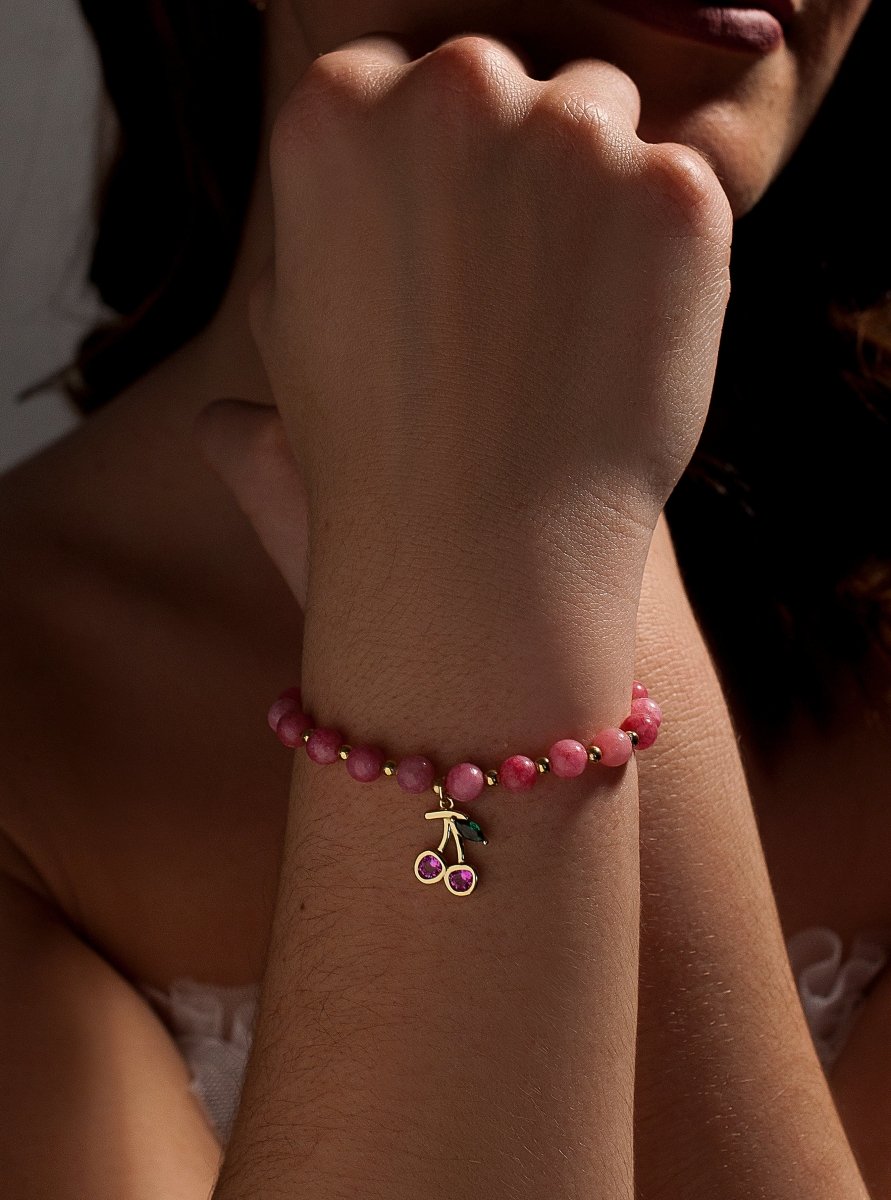 Pulseras de bolas de plata de rodonita y charm de cereza con circointas - LINEARGENT