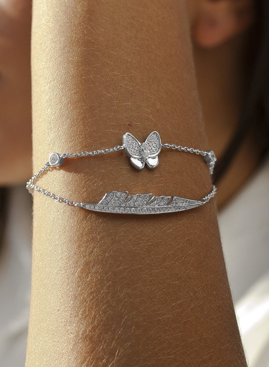 Bracelet - Thin double silver bracelets with charms and zircons